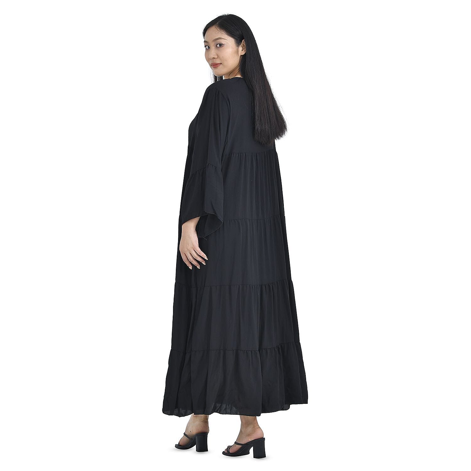 Close Out Deal - Viscose Leaf Print Long Dress - Black