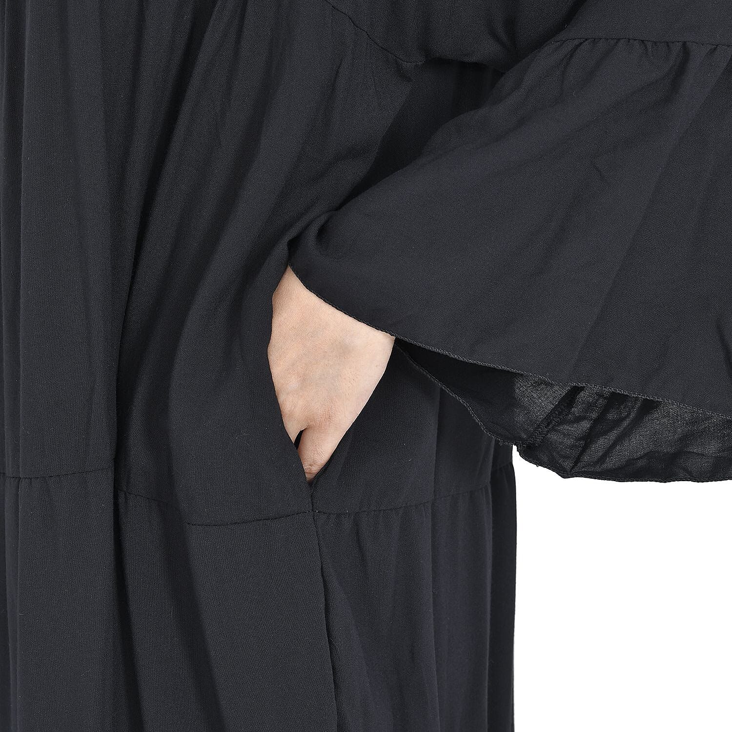 Close Out Deal - Viscose Leaf Print Long Dress - Black