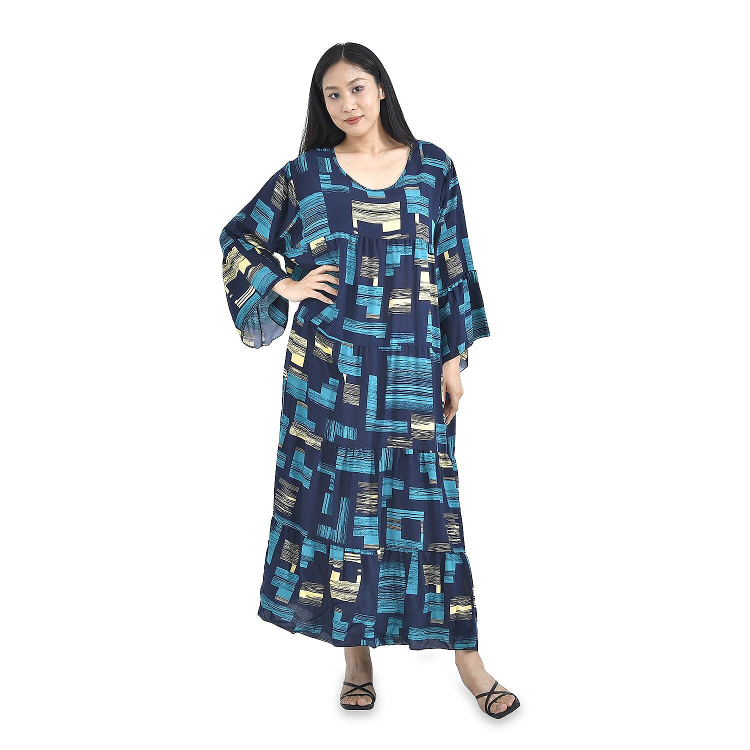 100% Viscose Geometric Pattern Long Dress (Size 12-22) - Light Blue & Black