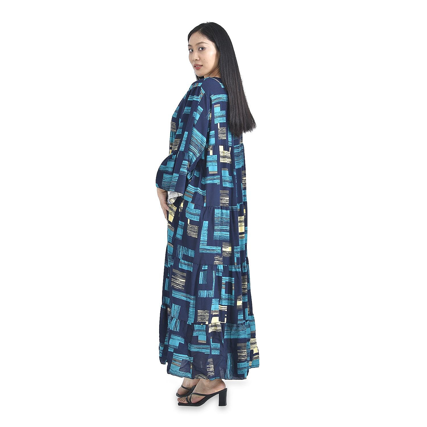 100% Viscose Geometric Pattern Long Dress (Size 12-22) - Light Blue & Black