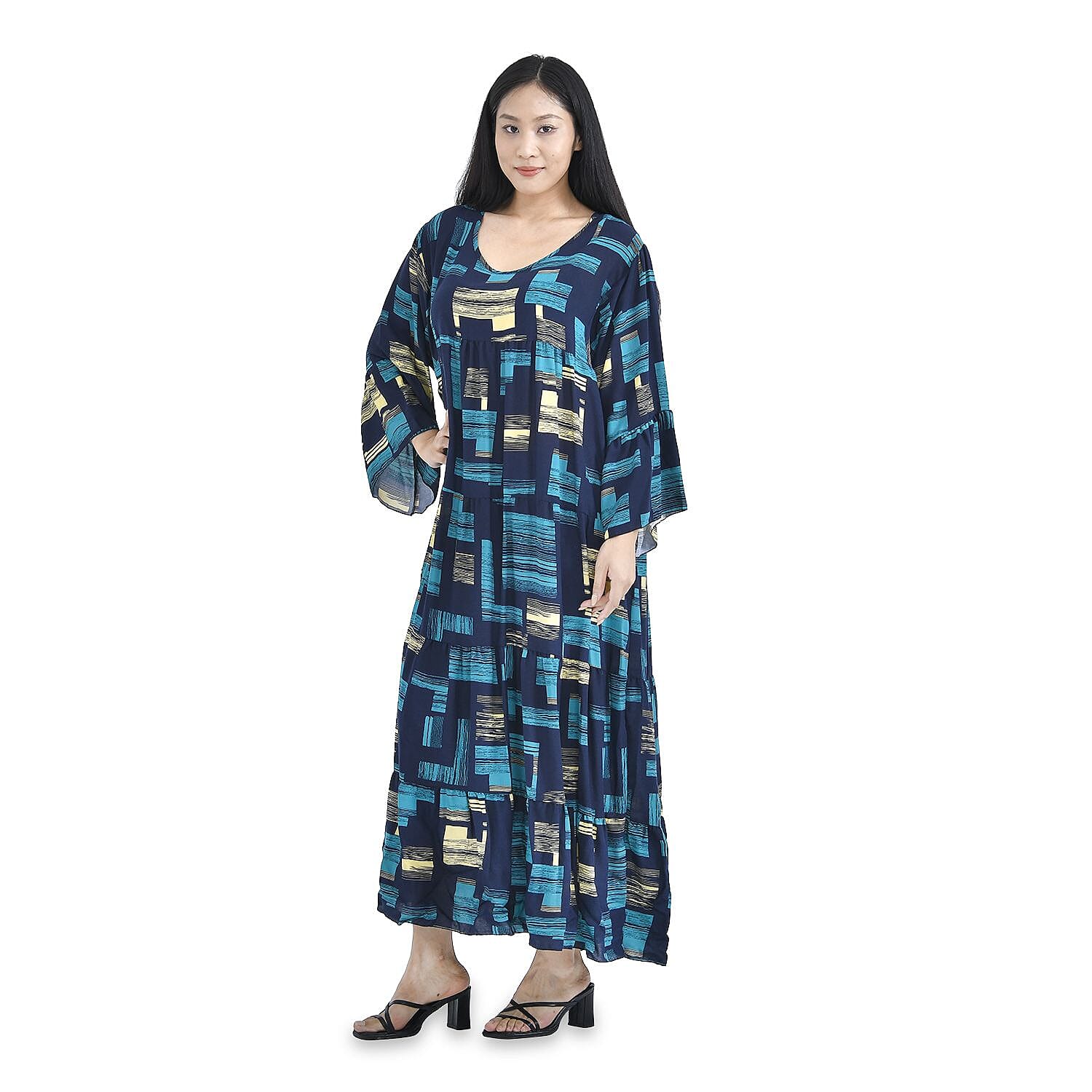 100% Viscose Geometric Pattern Long Dress (Size 12-22) - Light Blue & Black