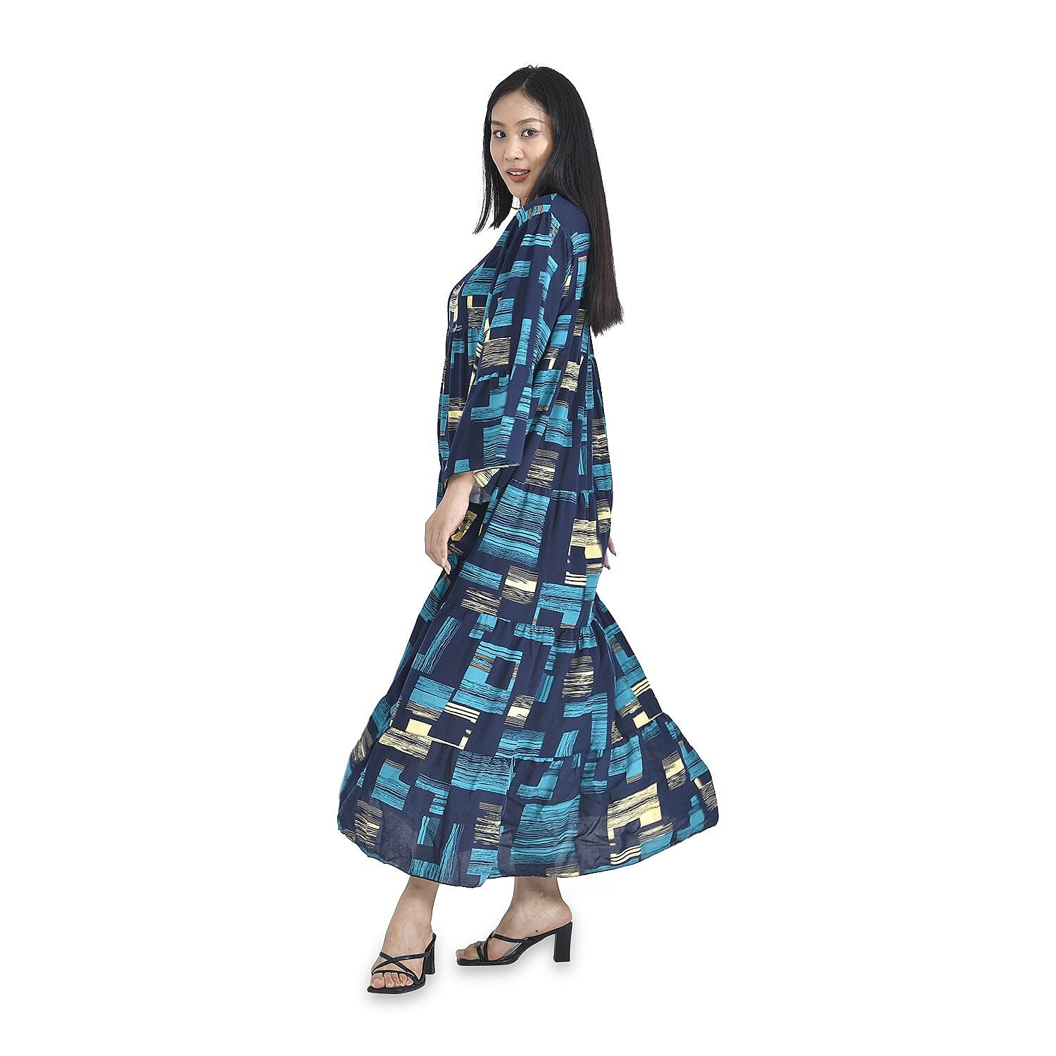 100% Viscose Geometric Pattern Long Dress (Size 12-22) - Light Blue & Black