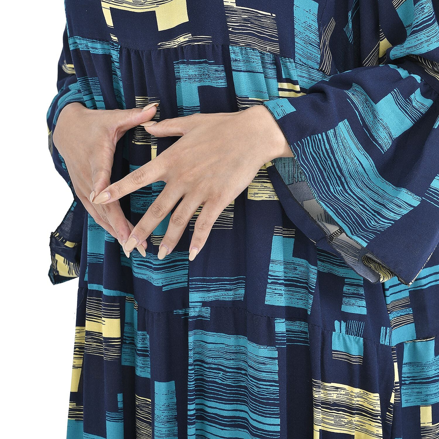 100% Viscose Geometric Pattern Long Dress (Size 12-22) - Light Blue & Black