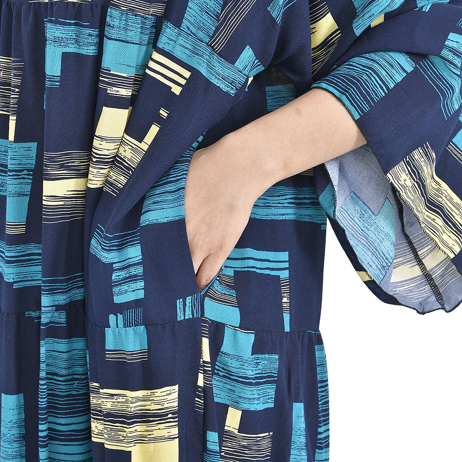 100% Viscose Geometric Pattern Long Dress (Size 12-22) - Light Blue & Black