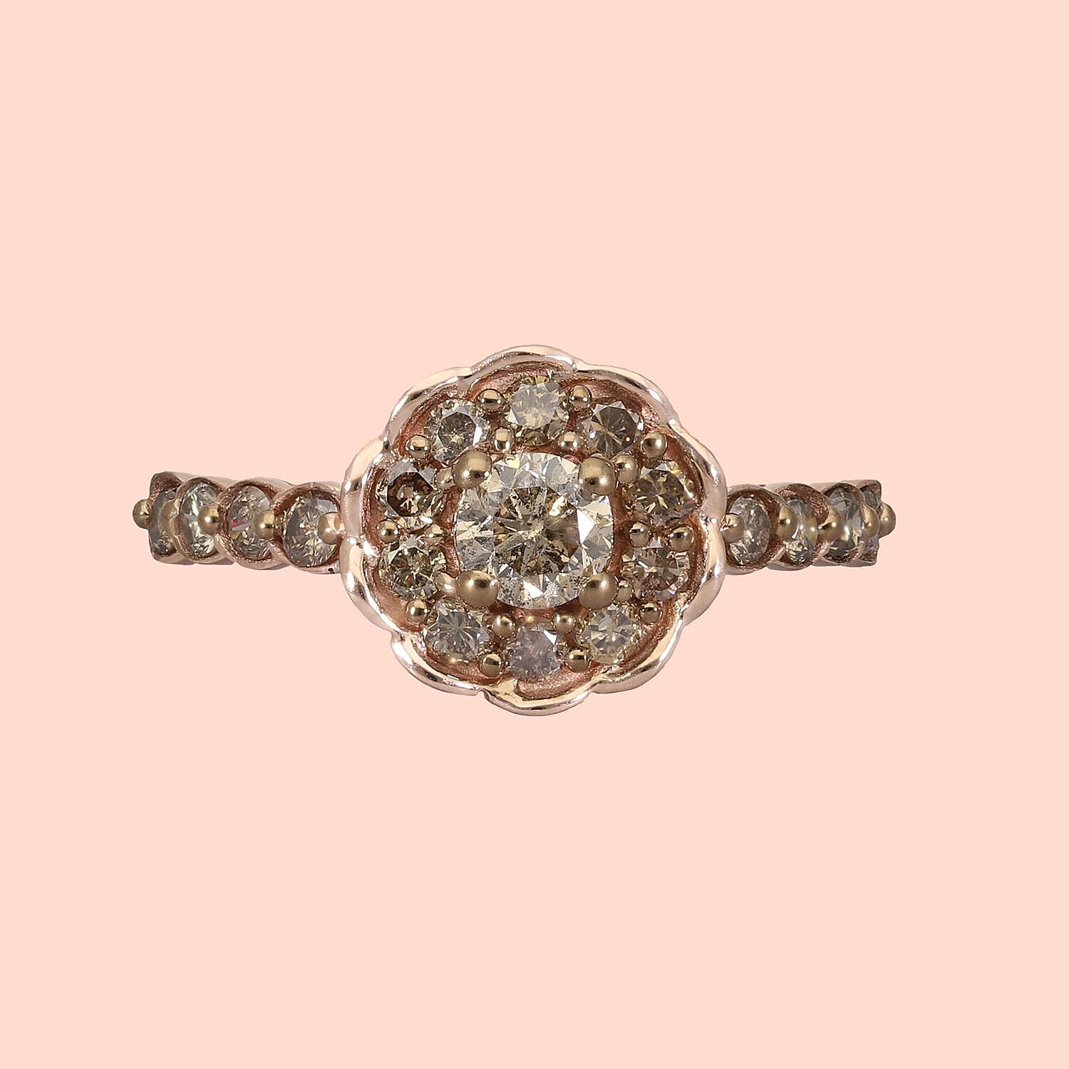 9K Rose Gold SGL Certified Natural Champagne Diamond Floral Ring 1.00 Ct
