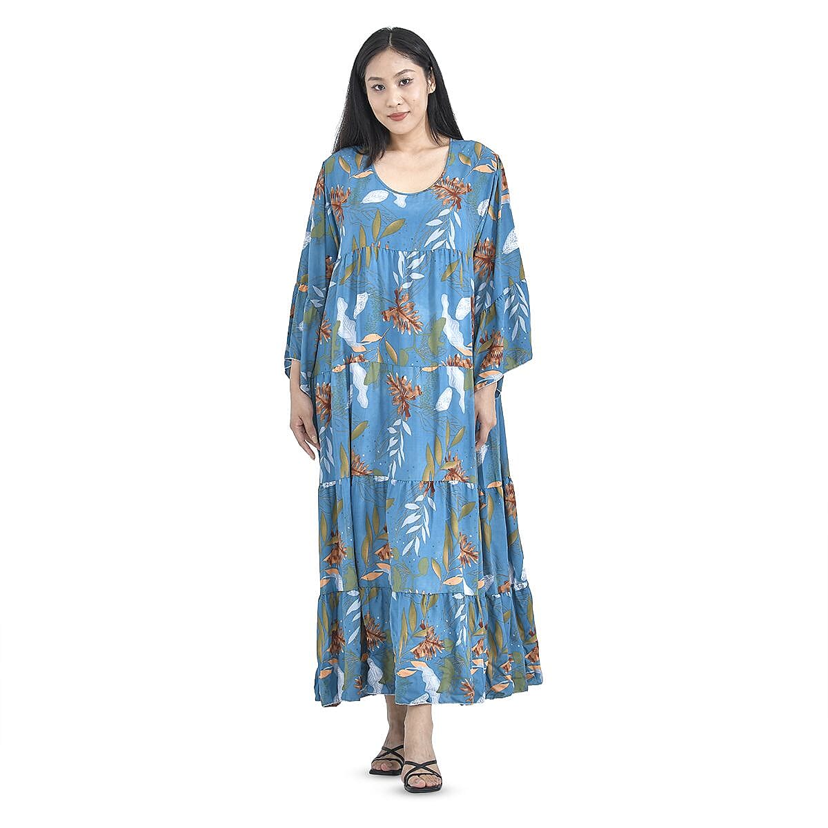Close Out Deal - 100% Viscose Leaf Pattern Long Dress (Size 12-22) - Blue & Multi