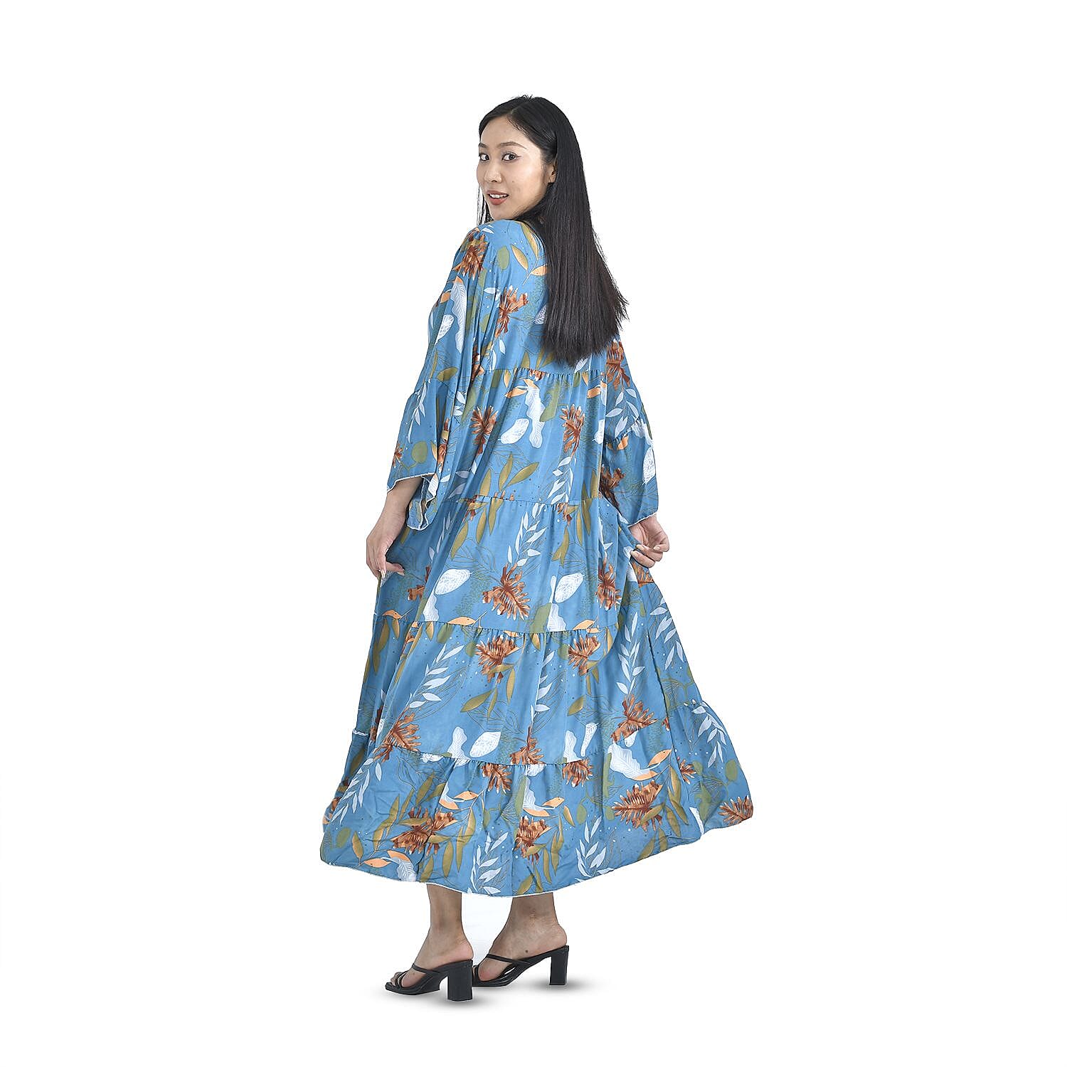 Close Out Deal - 100% Viscose Leaf Pattern Long Dress (Size 12-22) - Blue & Multi