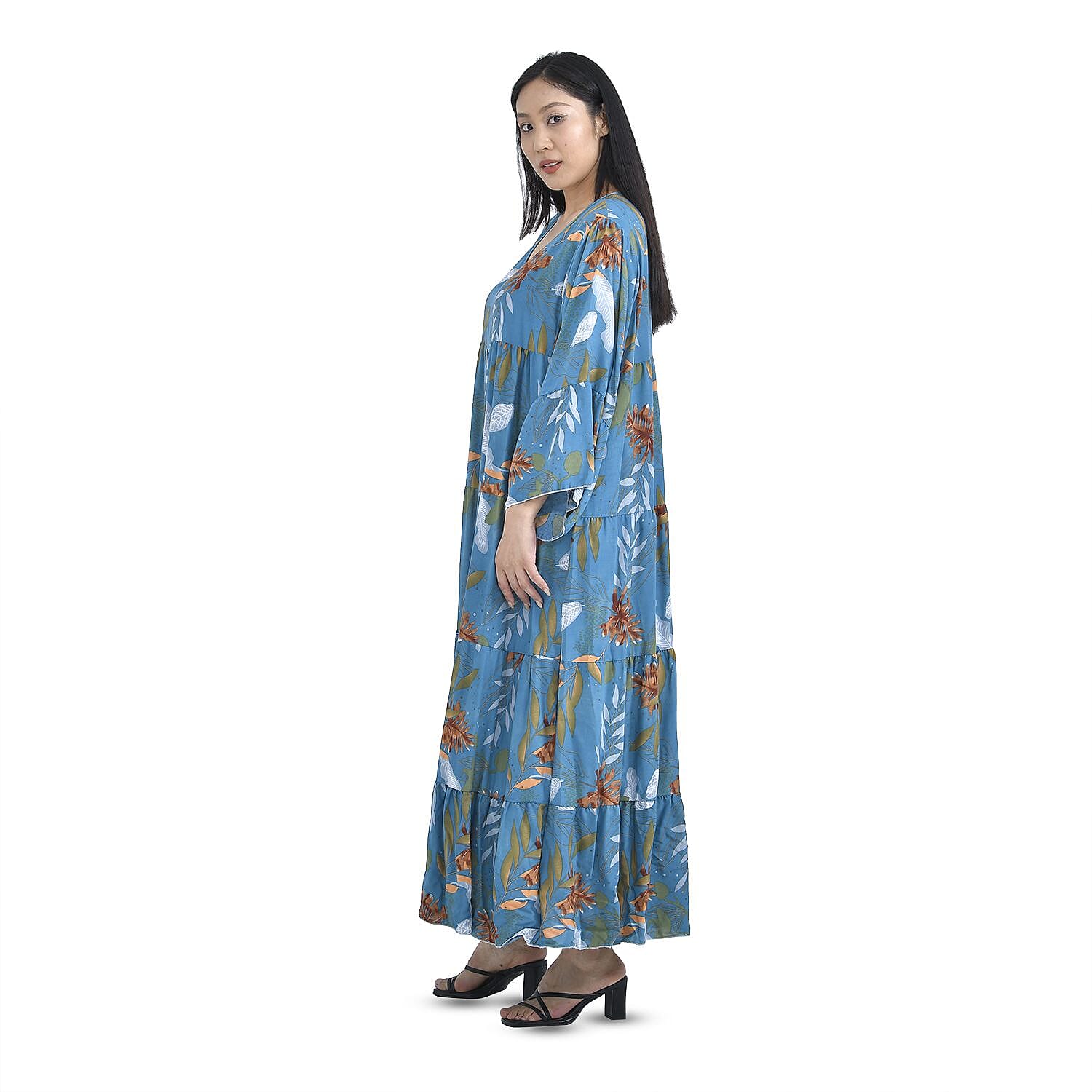 Close Out Deal - 100% Viscose Leaf Pattern Long Dress (Size 12-22) - Blue & Multi