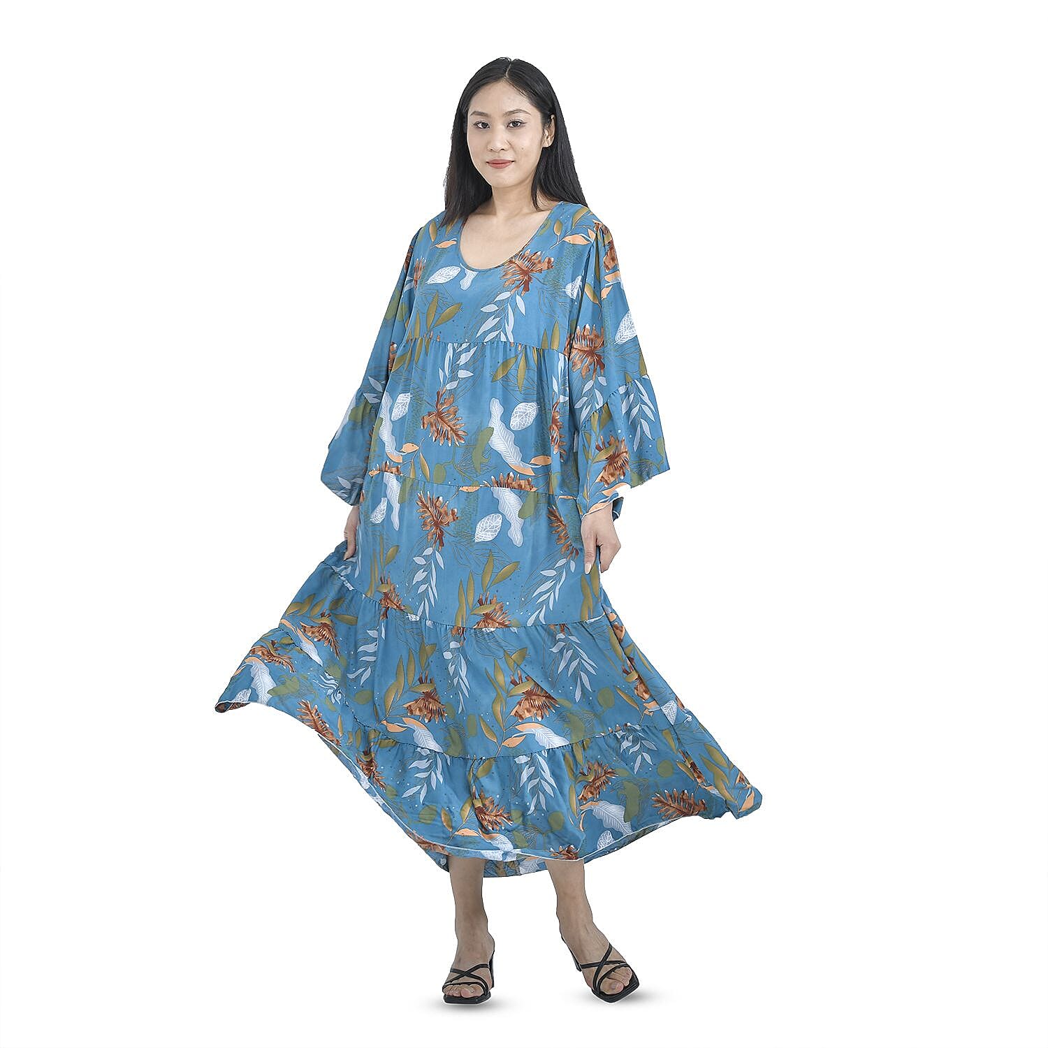 Close Out Deal - 100% Viscose Leaf Pattern Long Dress (Size 12-22) - Blue & Multi