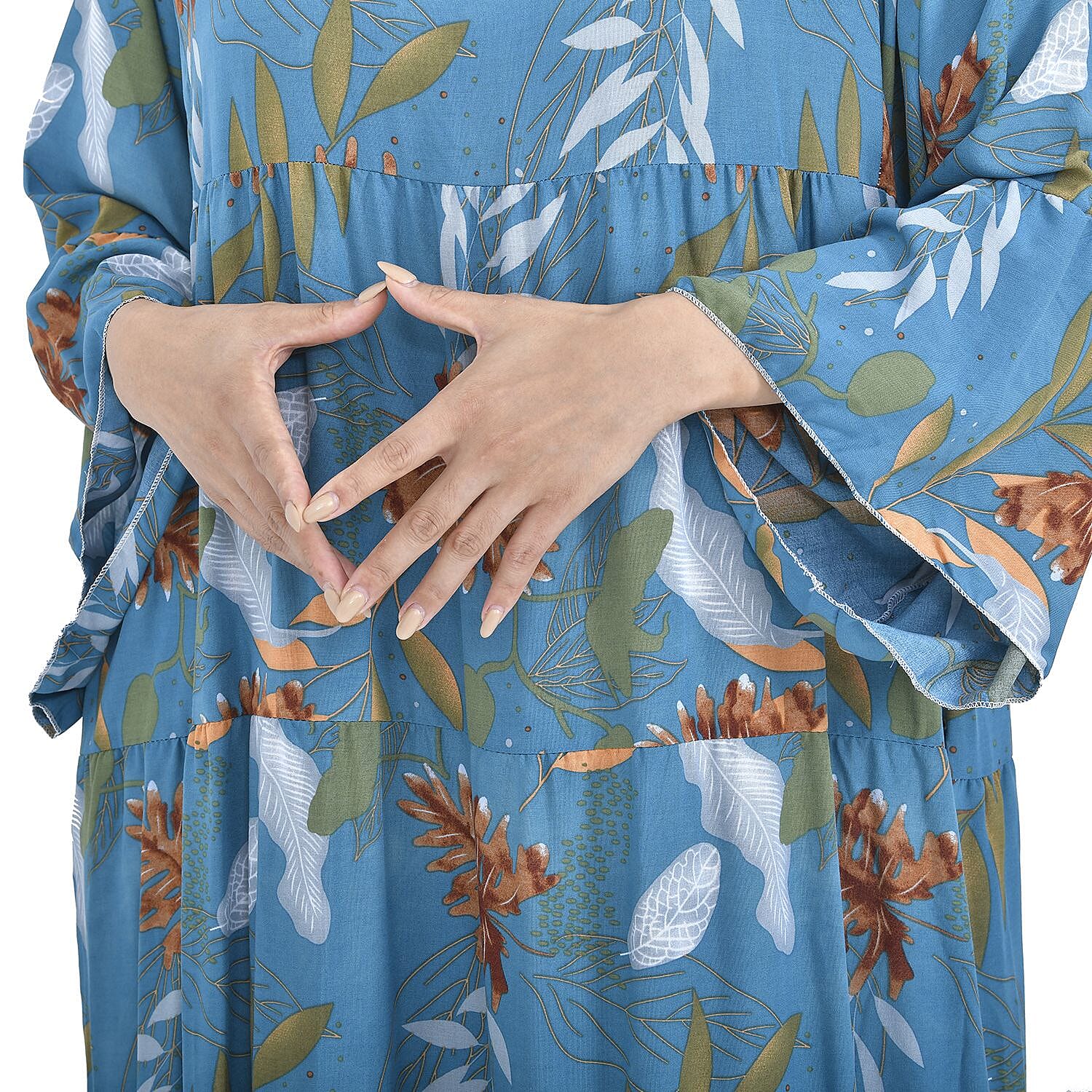 Close Out Deal - 100% Viscose Leaf Pattern Long Dress (Size 12-22) - Blue & Multi