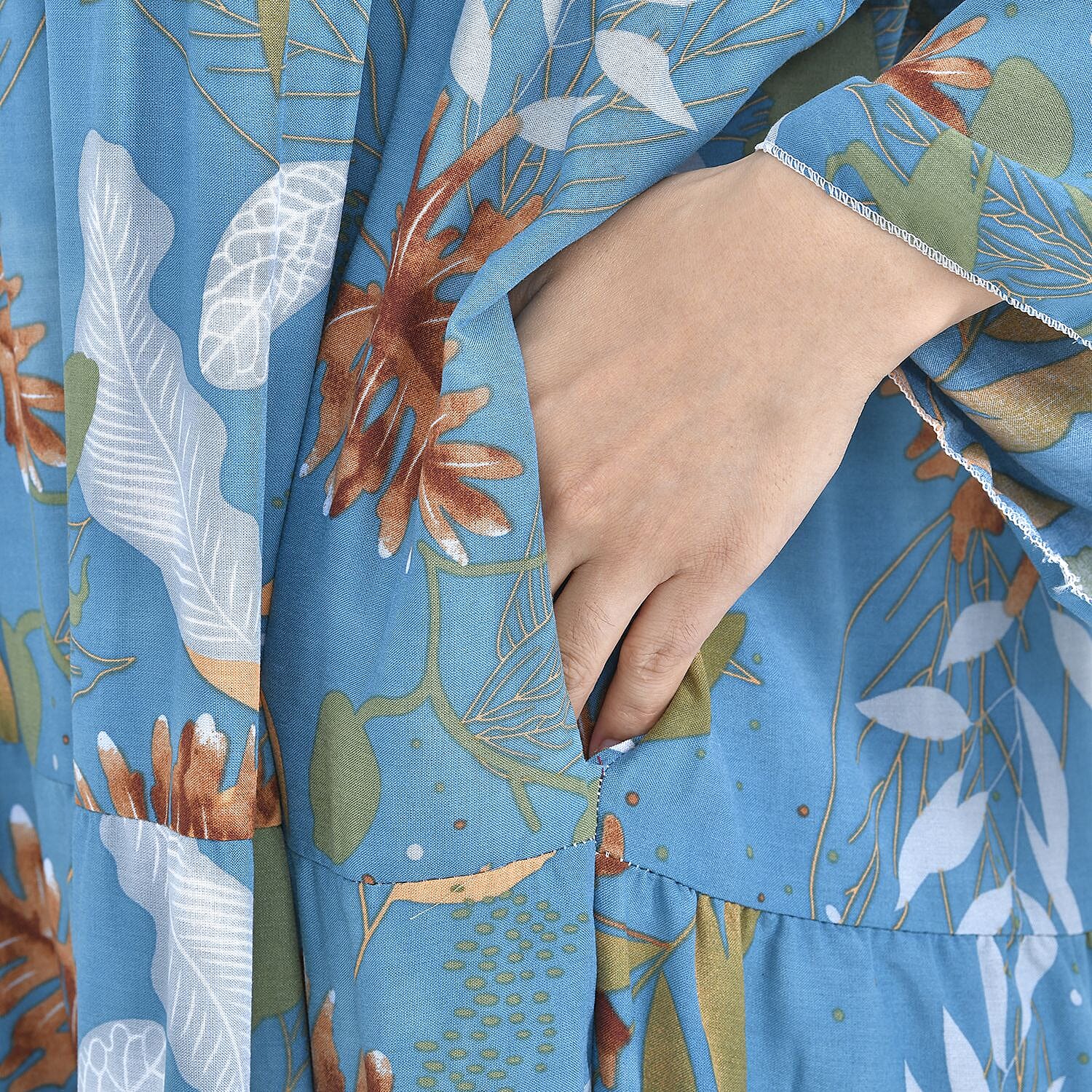 Close Out Deal - 100% Viscose Leaf Pattern Long Dress (Size 12-22) - Blue & Multi