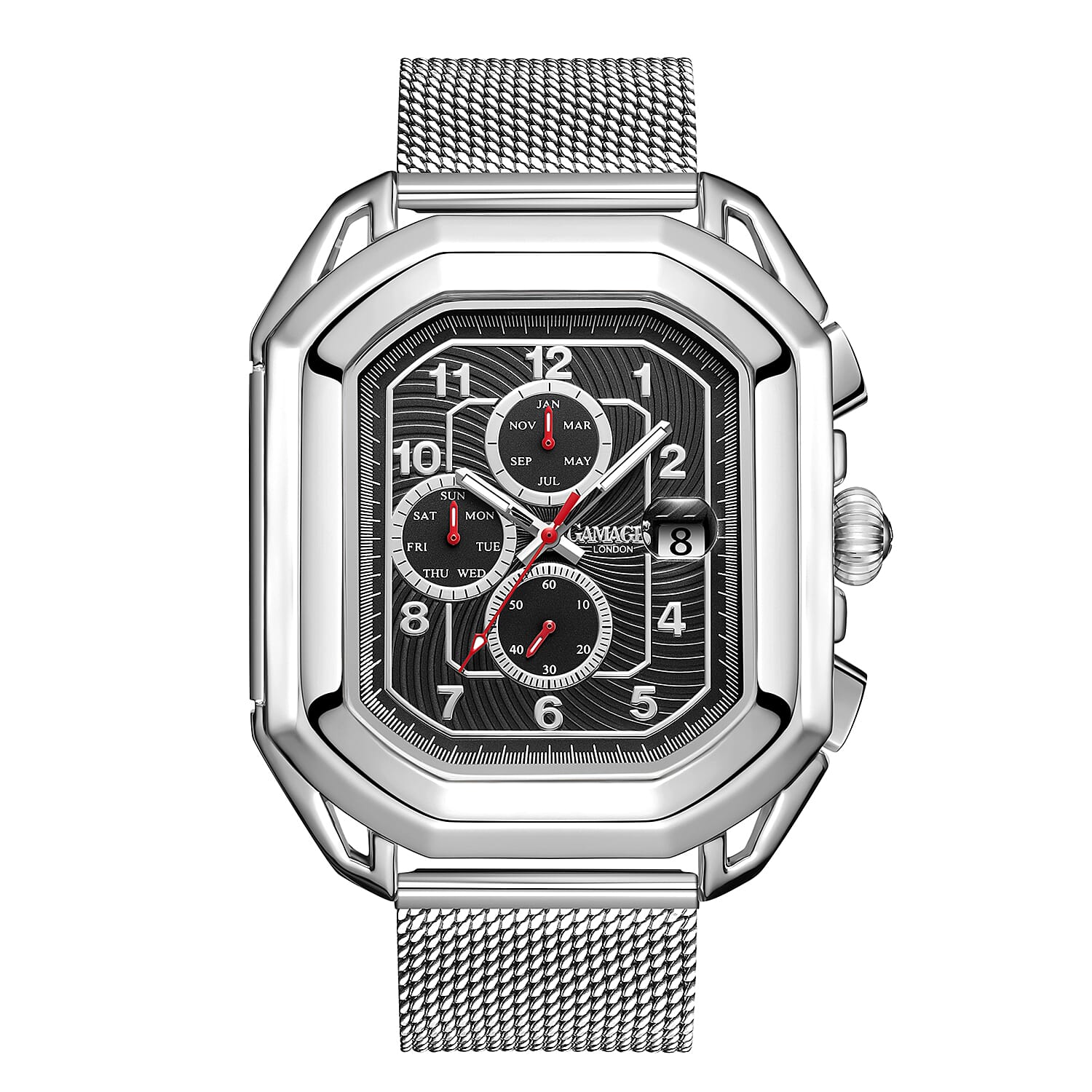 Gamages Of London Status Automatic Movement Black Dial Water Resistant Watch with Silver Mesh Bracelet