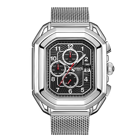 Gamages Of London Status Automatic Movement Black Dial Water Resistant Watch with Silver Mesh Bracelet