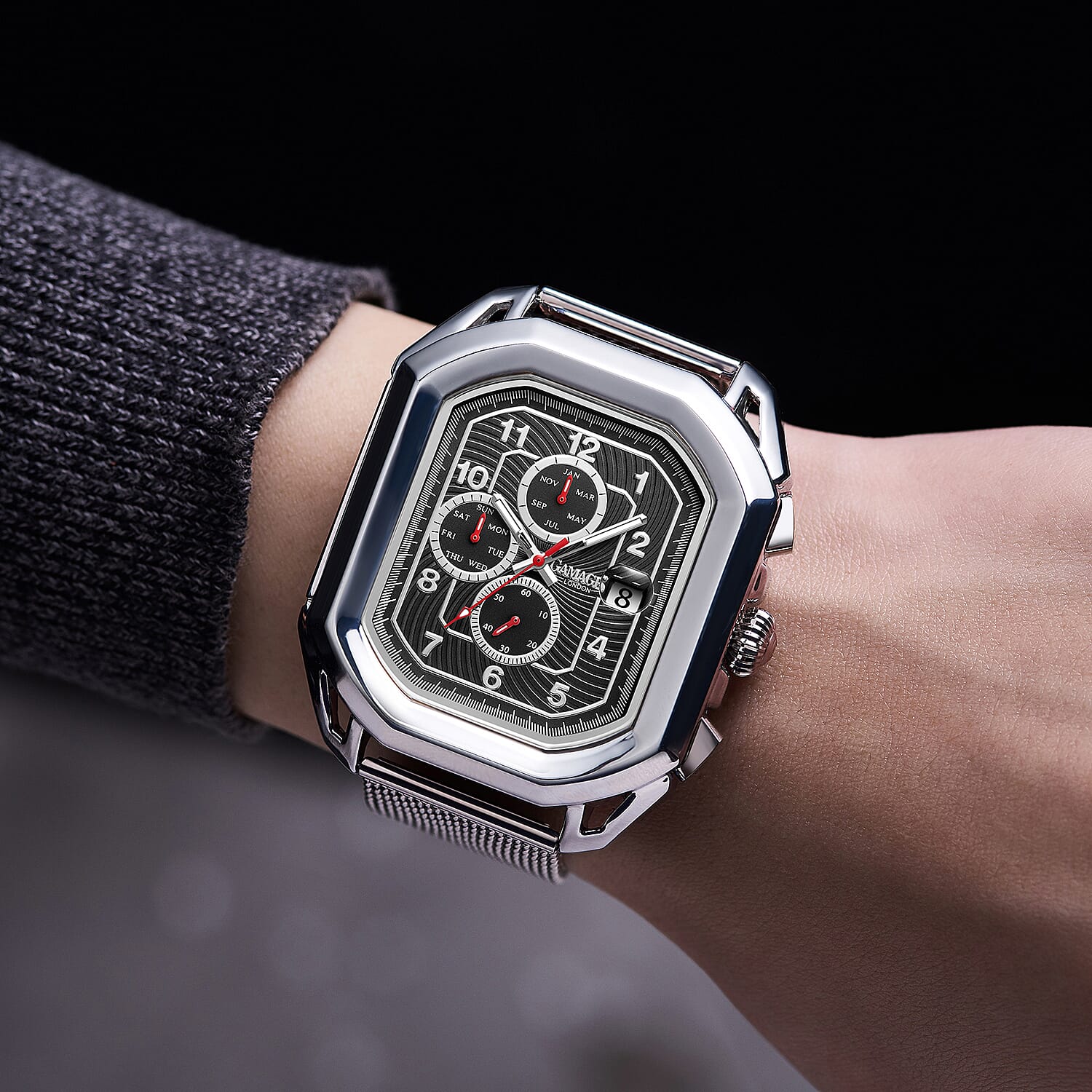 Gamages Of London Status Automatic Movement Black Dial Water Resistant Watch with Silver Mesh Bracelet