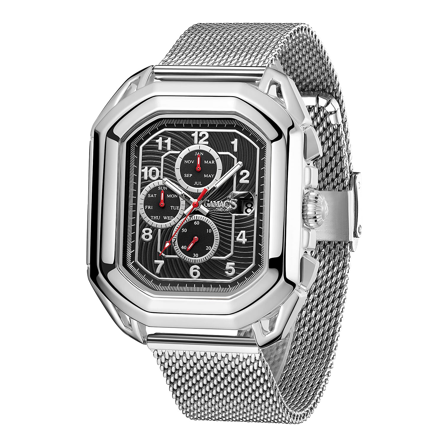 Gamages Of London Status Automatic Movement Black Dial Water Resistant Watch with Silver Mesh Bracelet