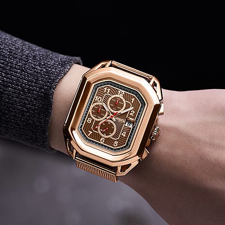 Gamages Of London Status Automatic Movement Brown Dial Water Resistant Watch with Rose Gold Colour Mesh Bracelet