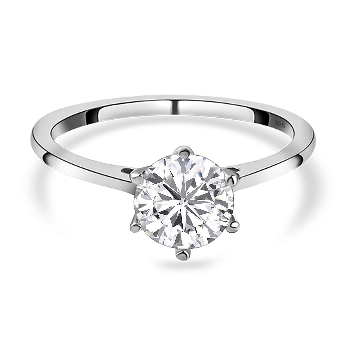 Moissanite Solitaire Ring in Platinum & Rhodium Overlay Sterling Silver