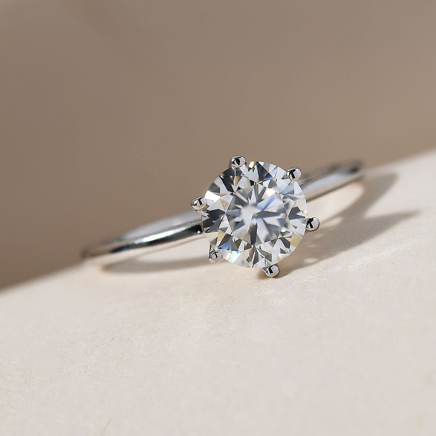 Moissanite Solitaire Ring in Platinum & Rhodium Overlay Sterling Silver
