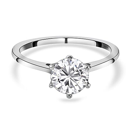Moissanite Solitaire Ring in Sterling Silver with Platinum Overlay
