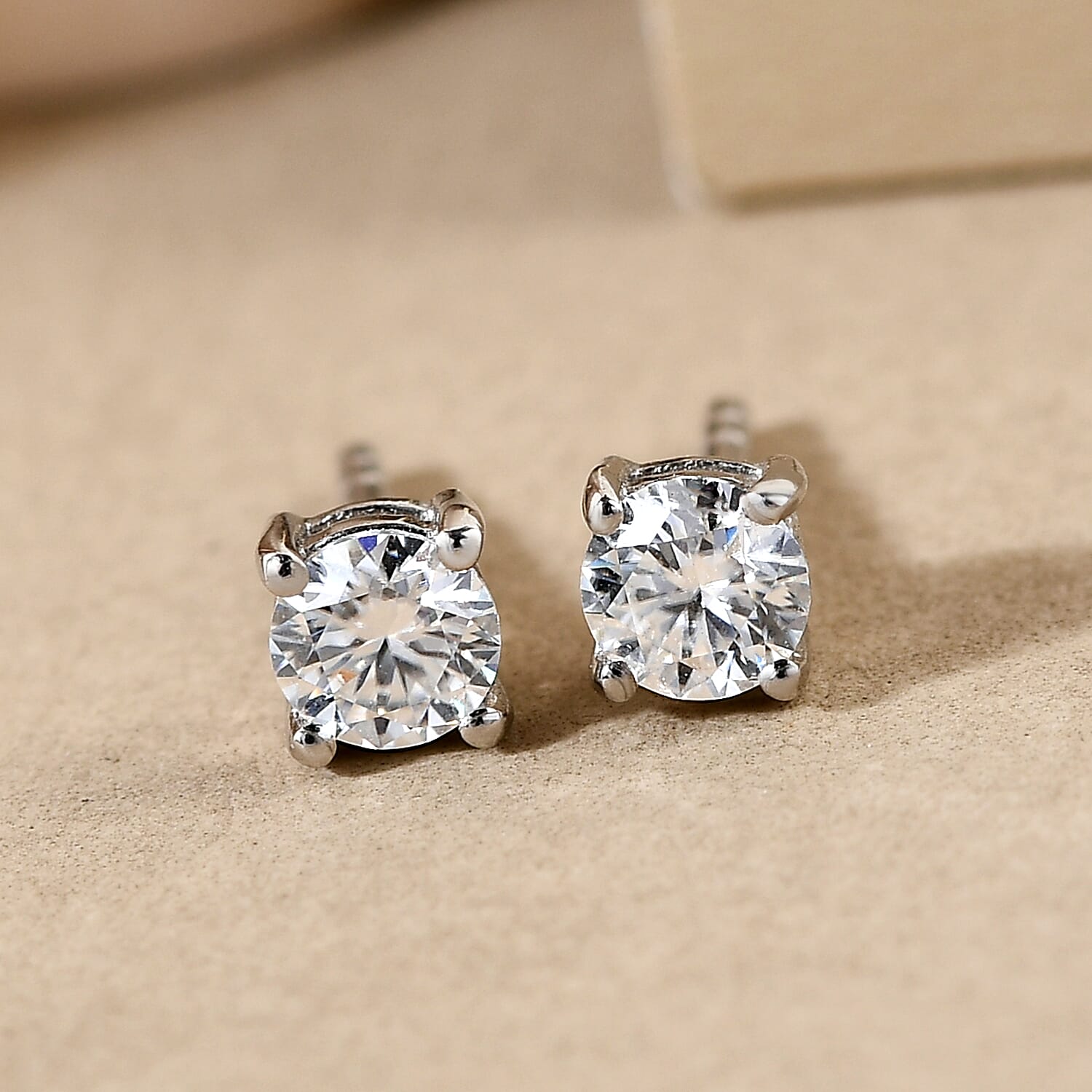 Moissanite Stud Earrings with Push Back in Platinum Overlay Sterling Silver