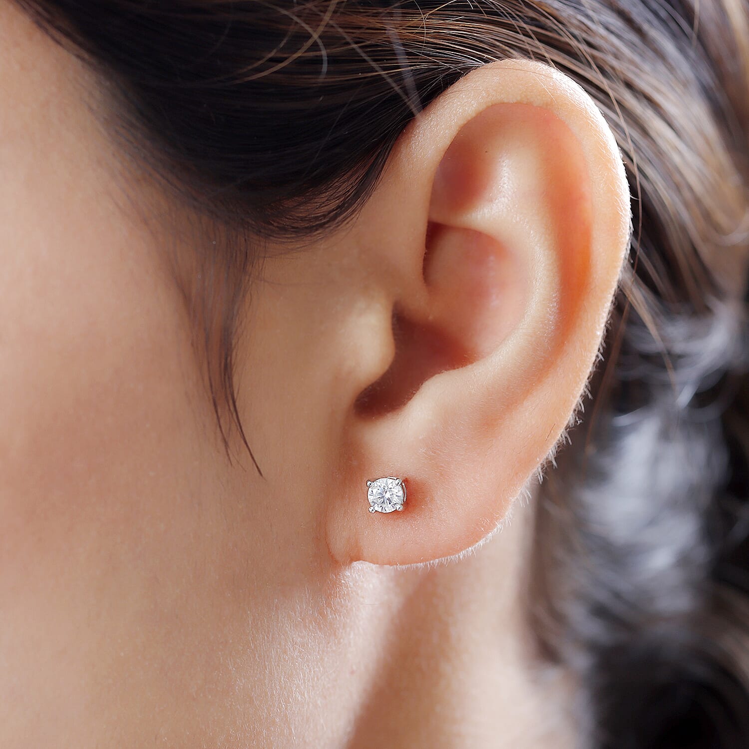 Moissanite Stud Earrings with Push Back in Platinum Overlay Sterling Silver