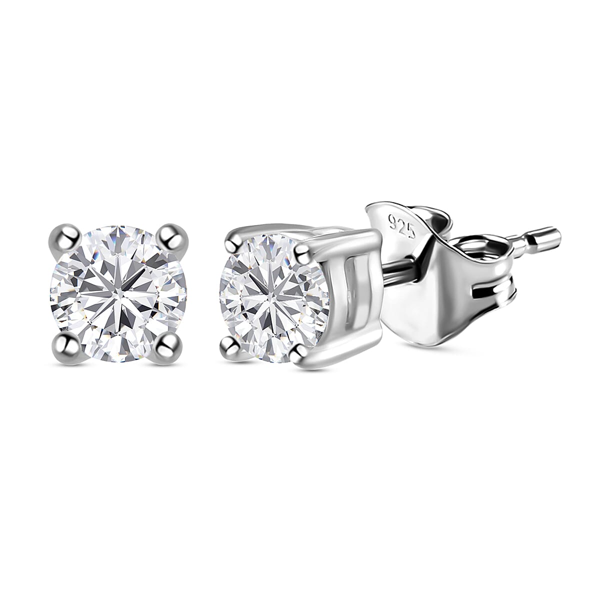 Moissanite Stud Earrings with Push Back in Platinum Overlay Sterling Silver