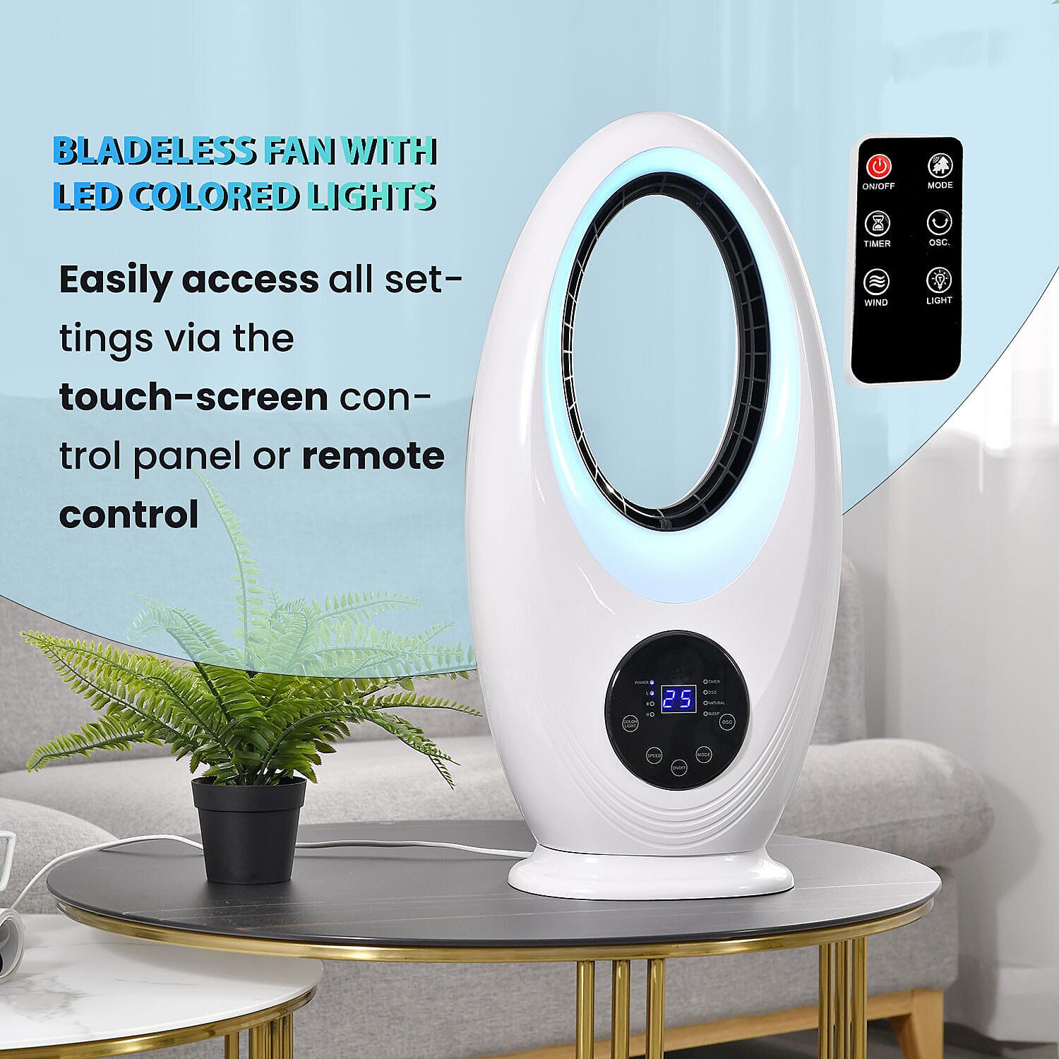 Low Noise, Power Saving Bladeless Fan with 3 Speeds, Timer, LED Lights & Remote (60W) Low Noise, Power Saving Bladeless Fan with 3 Speeds, Timer, LED Lights & Remote (60W)