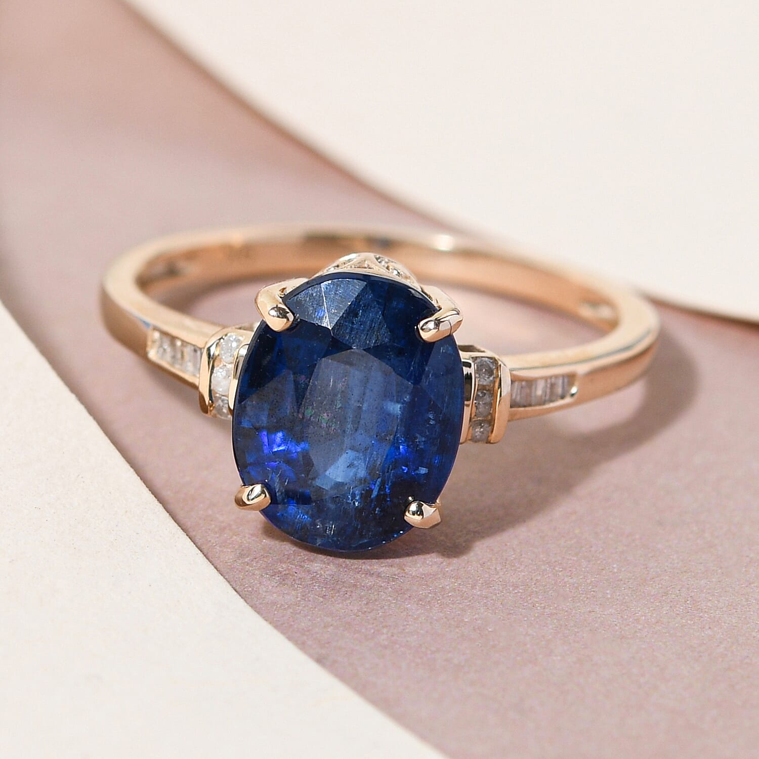 9K Yellow Gold Premium Natural Kashmir Kyanite and Diamond Ring 3.40 Ct.