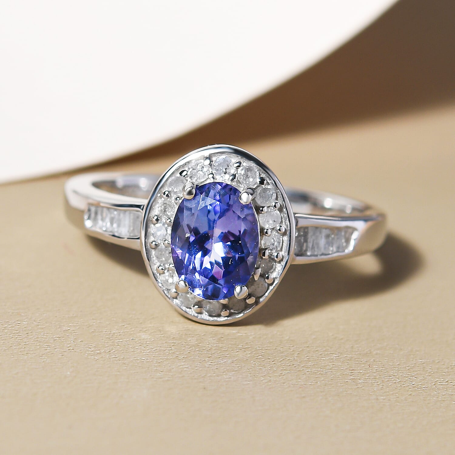 Premium Tanzanite and Diamond Ring in Platinum Overlay Sterling Silver 1.10 Ct.