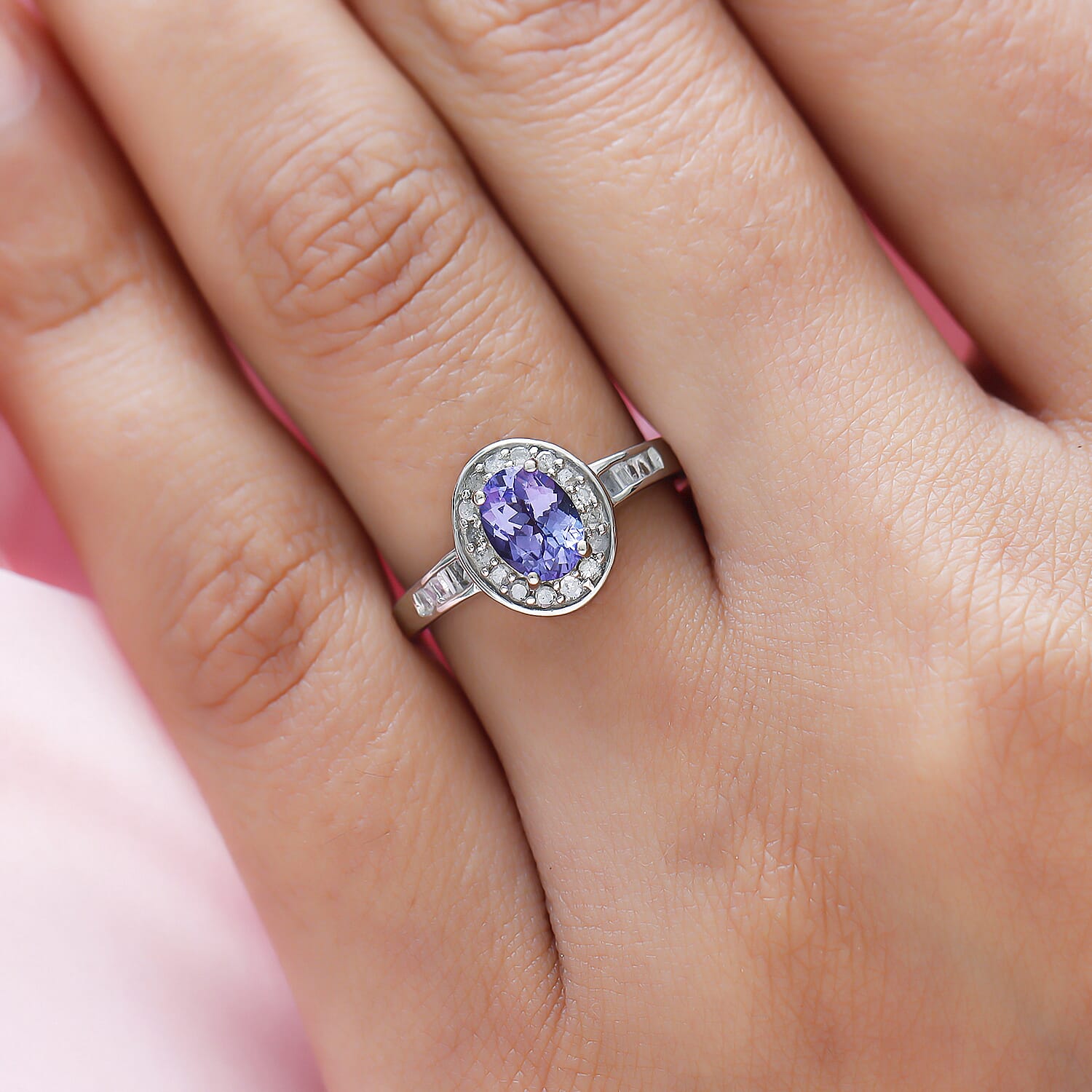 Premium Tanzanite and Diamond Ring in Platinum Overlay Sterling Silver 1.10 Ct.