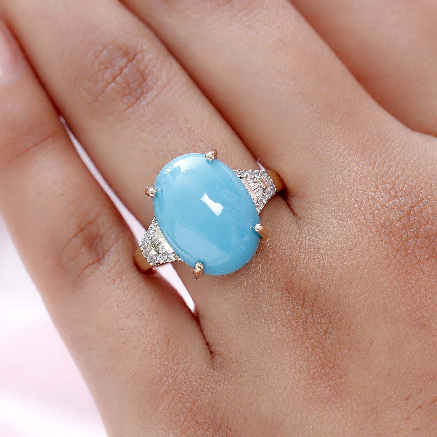 9K Yellow Gold Arizona Sleeping Beauty Turquoise ( Oval 16X12mm ) and Diamond Ring 7.50 Ct.