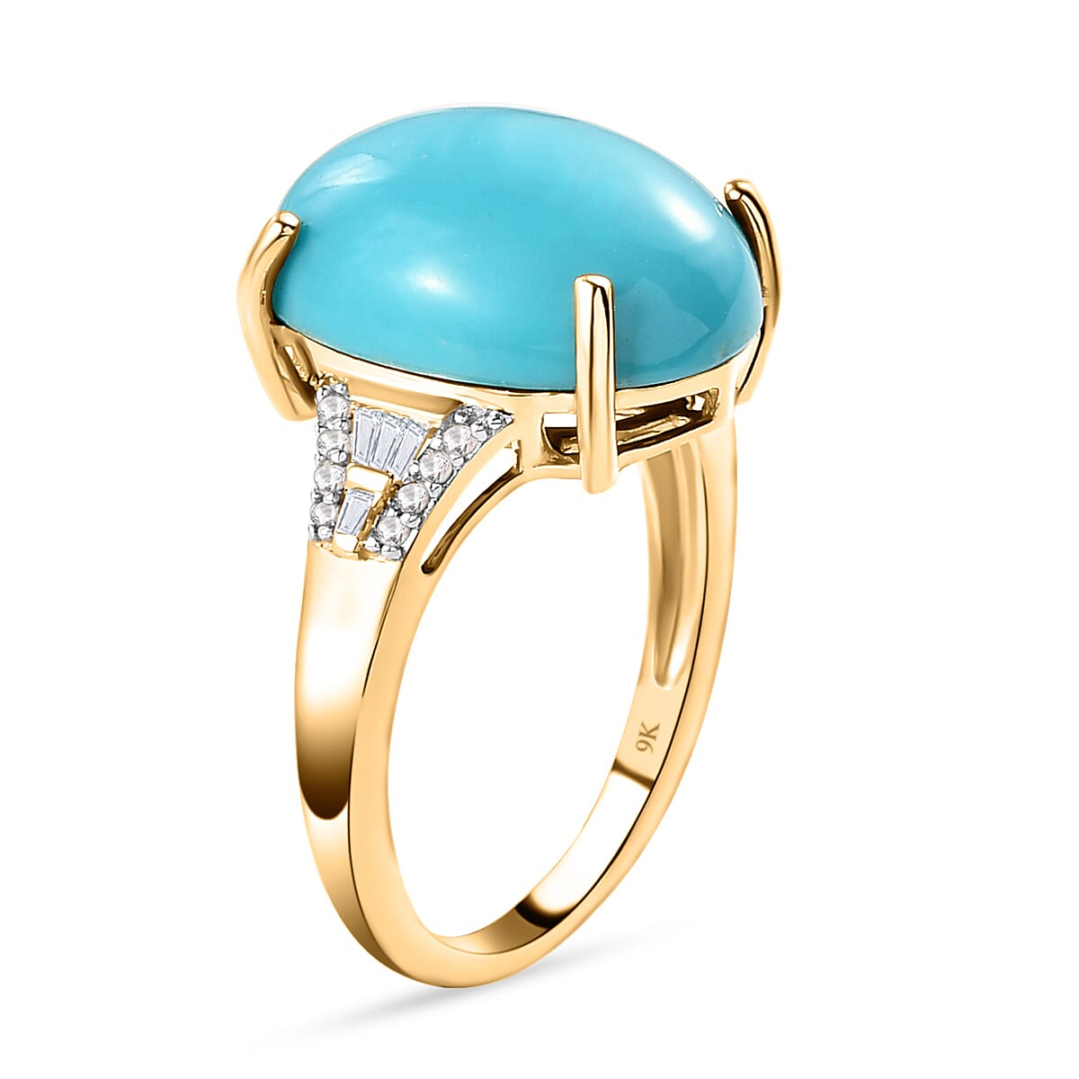9K Yellow Gold Arizona Sleeping Beauty Turquoise ( Oval 16X12mm ) and Diamond Ring 7.50 Ct.