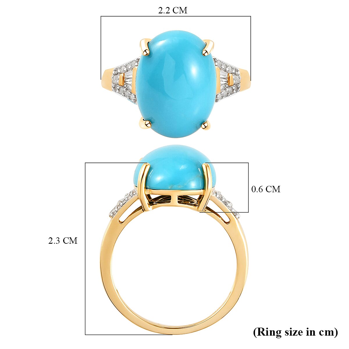 9K Yellow Gold Arizona Sleeping Beauty Turquoise ( Oval 16X12mm ) and Diamond Ring 7.50 Ct.
