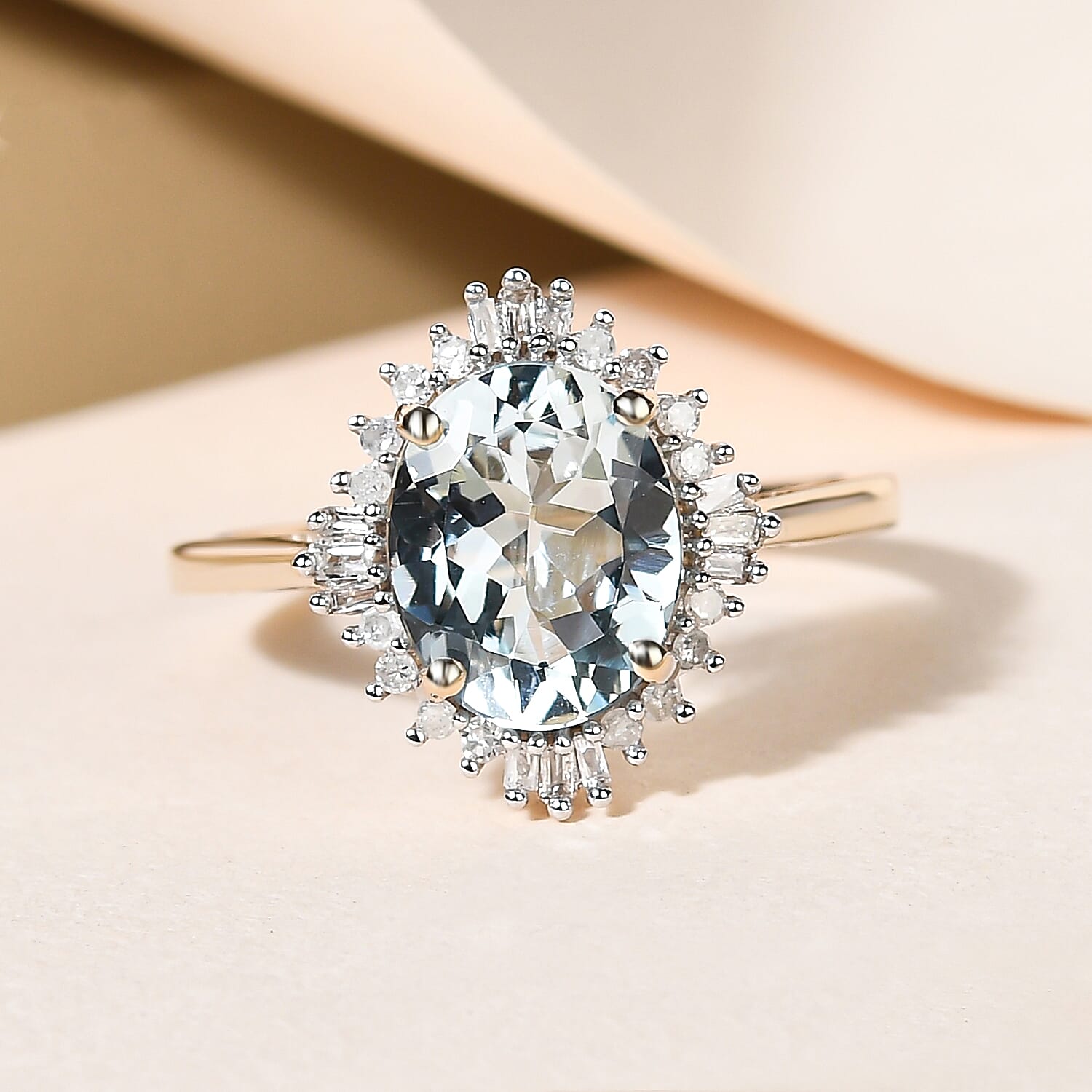 9K Yellow Gold Espirito Santo Aquamarine (Ovl 10x8mm) and Diamond Ring 2.35 Ct.