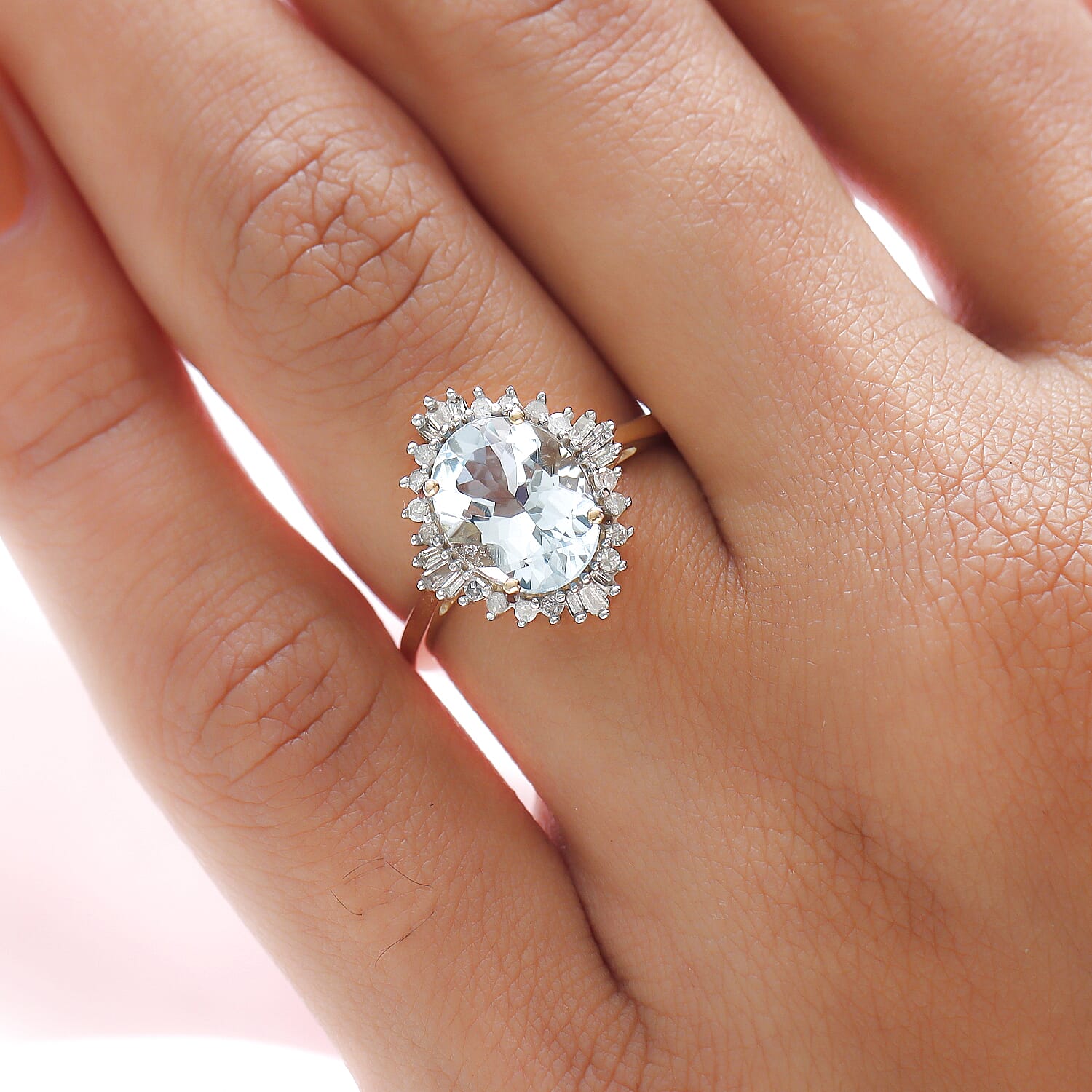 9K Yellow Gold Espirito Santo Aquamarine (Ovl 10x8mm) and Diamond Ring 2.35 Ct.