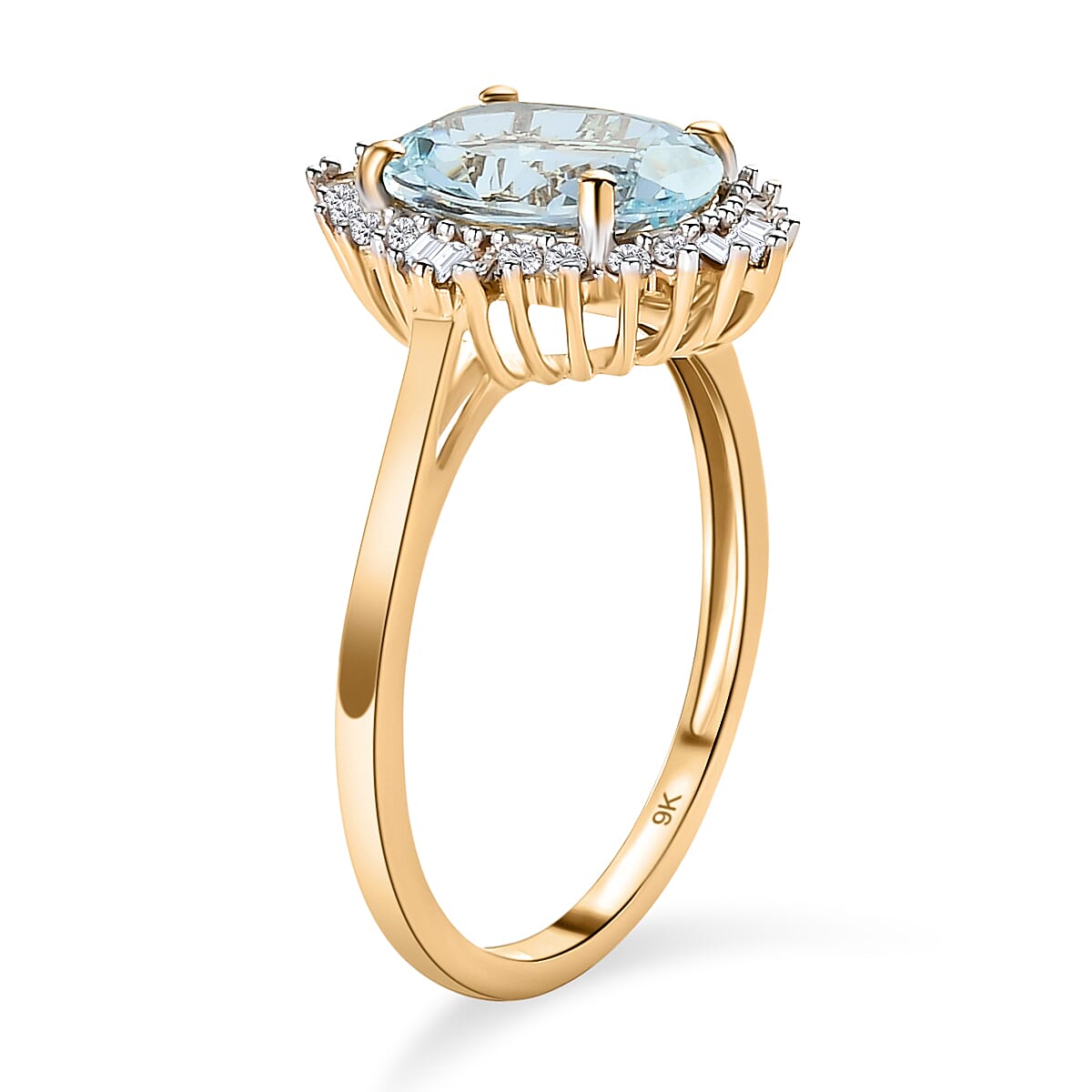 9K Yellow Gold Espirito Santo Aquamarine (Ovl 10x8mm) and Diamond Ring 2.35 Ct.