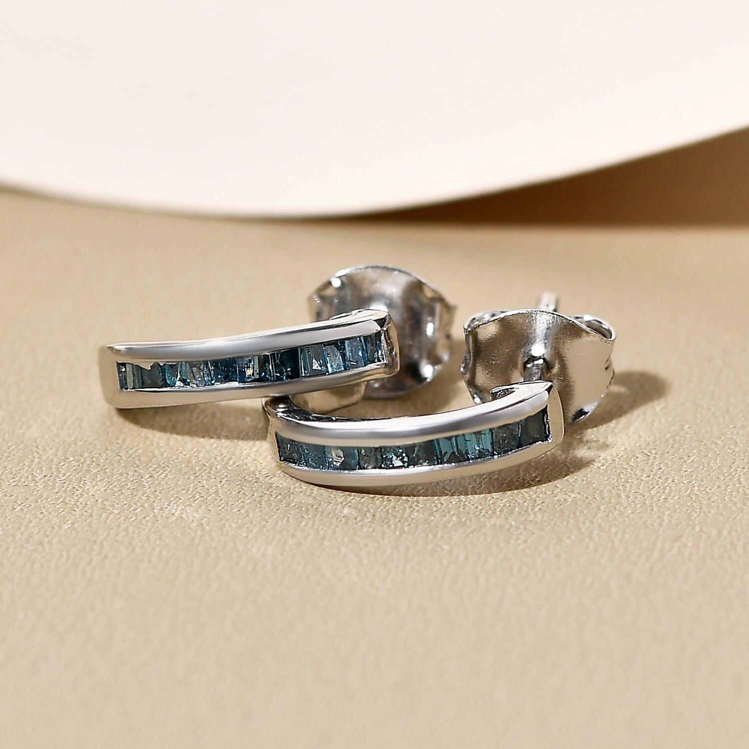 Blue Diamond J Hoop Earrings (With Push Back) in Platinum Overlay Sterling Silver 0.26 Ct.