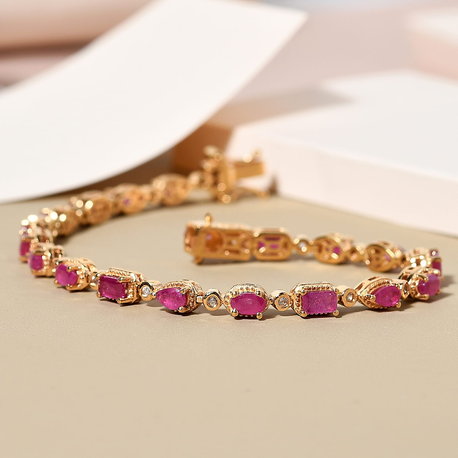 African Ruby (FF) and Natural Zircon Bracelet (Size - 8) in 14K Gold Overlay Sterling Silver 8.38 Ct, Silver Wt. 11.48 Gms