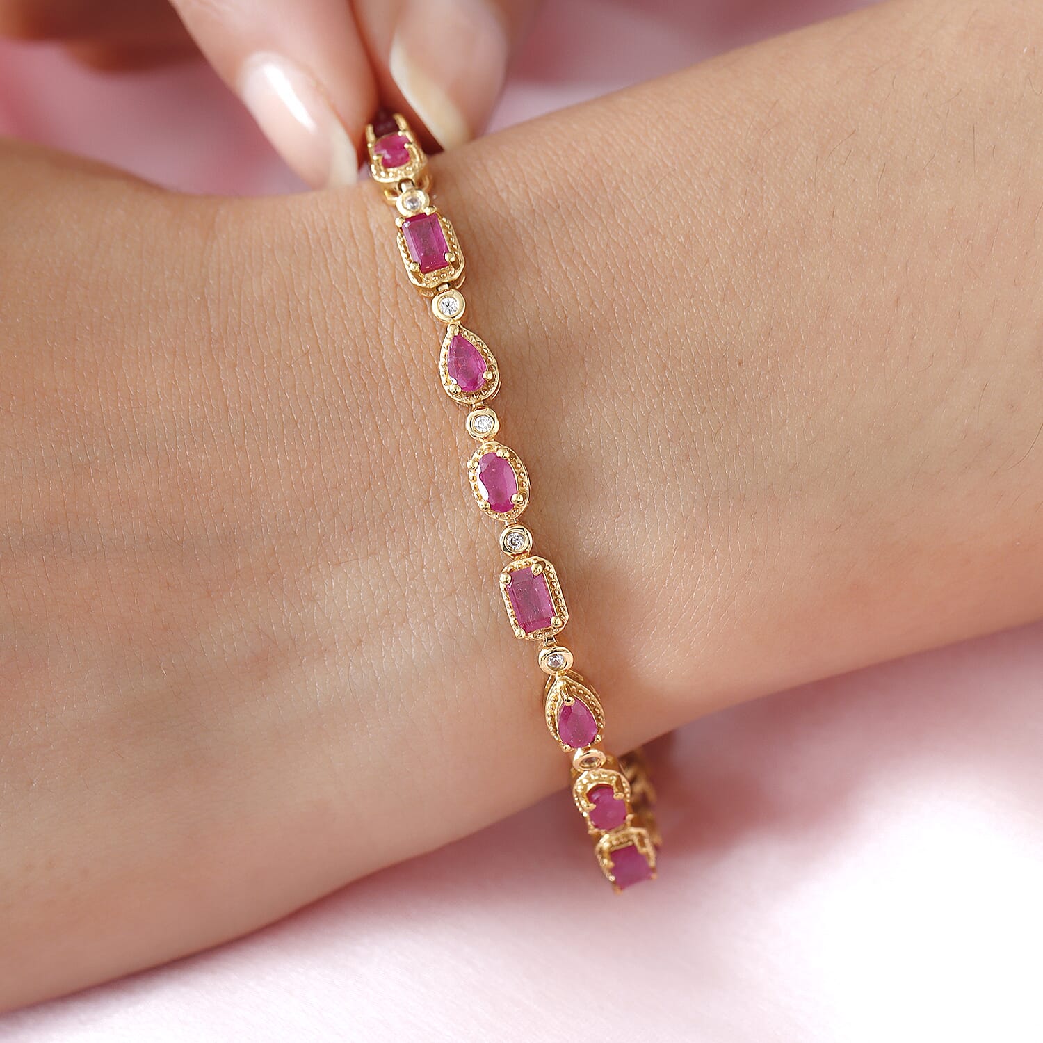 African Ruby (FF) and Natural Zircon Bracelet (Size - 8) in 14K Gold Overlay Sterling Silver 8.38 Ct, Silver Wt. 11.48 Gms
