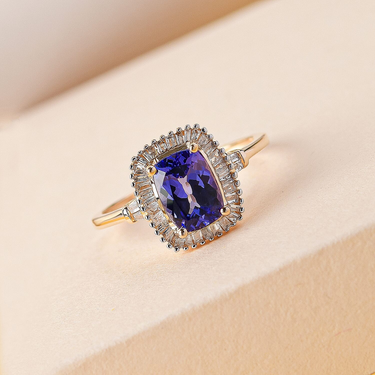 9K Yellow Gold Tanzanite and Diamond Halo Ring 1.49 Ct.