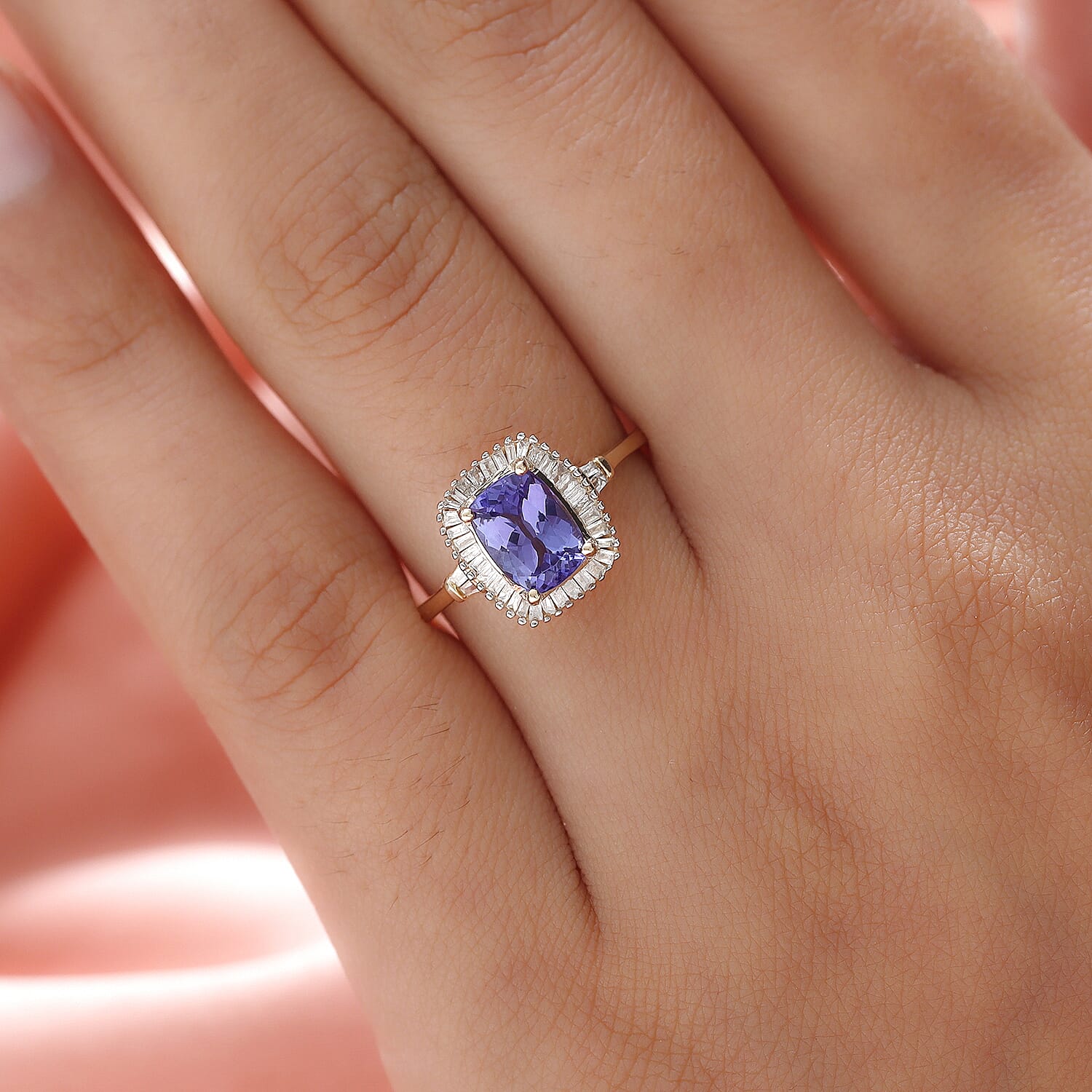 9K Yellow Gold Tanzanite and Diamond Halo Ring 1.49 Ct.