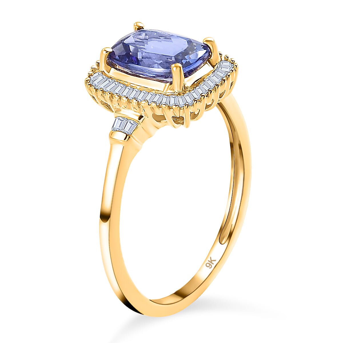 9K Yellow Gold Tanzanite and Diamond Halo Ring 1.49 Ct.
