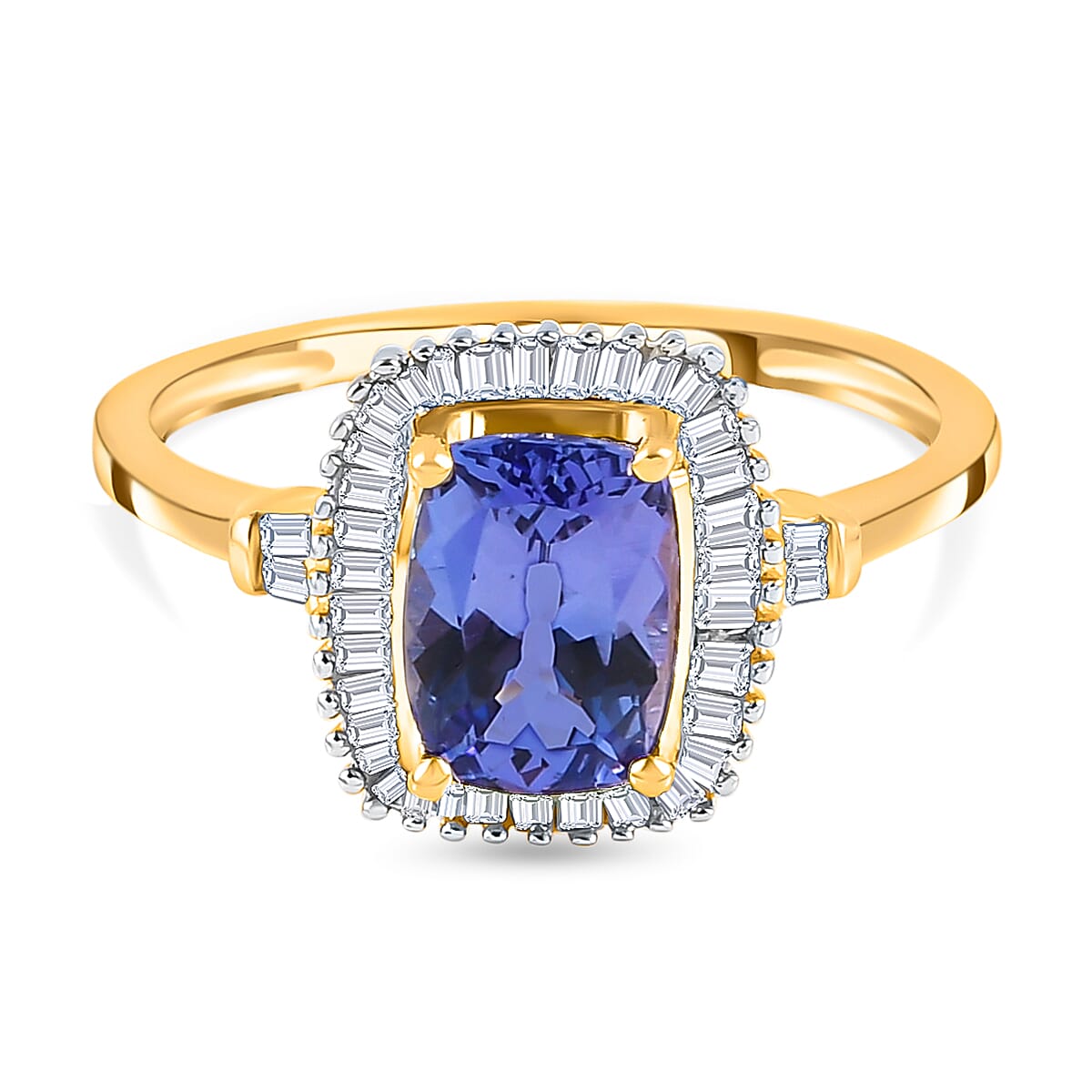 9K Yellow Gold Tanzanite and Diamond Halo Ring 1.49 Ct.