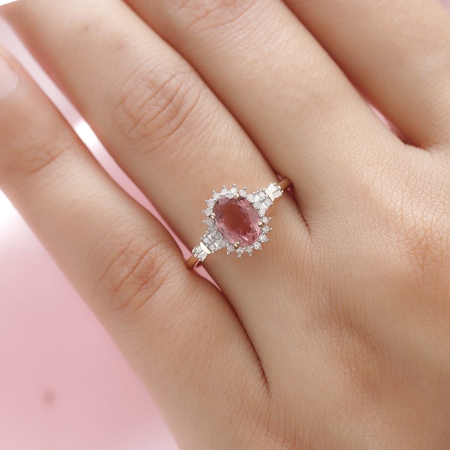 9K Yellow Gold Rare Pink Tourmaline and Diamond Ring 1.42 Ct.