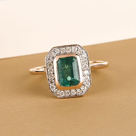 9K Yellow Gold Kagem Zambian Emerald and Diamond Ring 1.15 Ct.