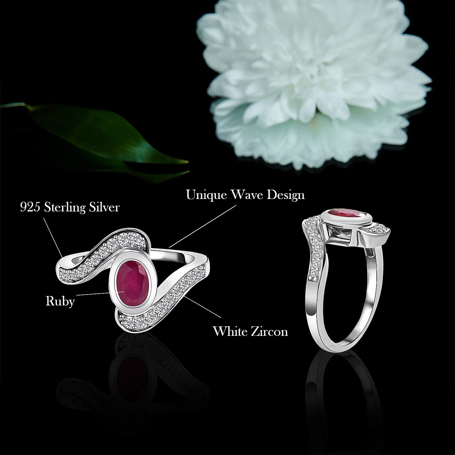 African Ruby and Cambodian Zircon Bypass Ring in Sterling Silver