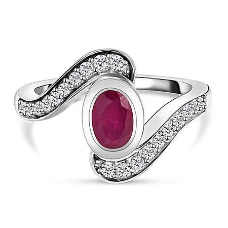 1.48 Ct African Ruby and Cambodian Zircon Bypass Ring in Sterling Silver with Platinum Plated