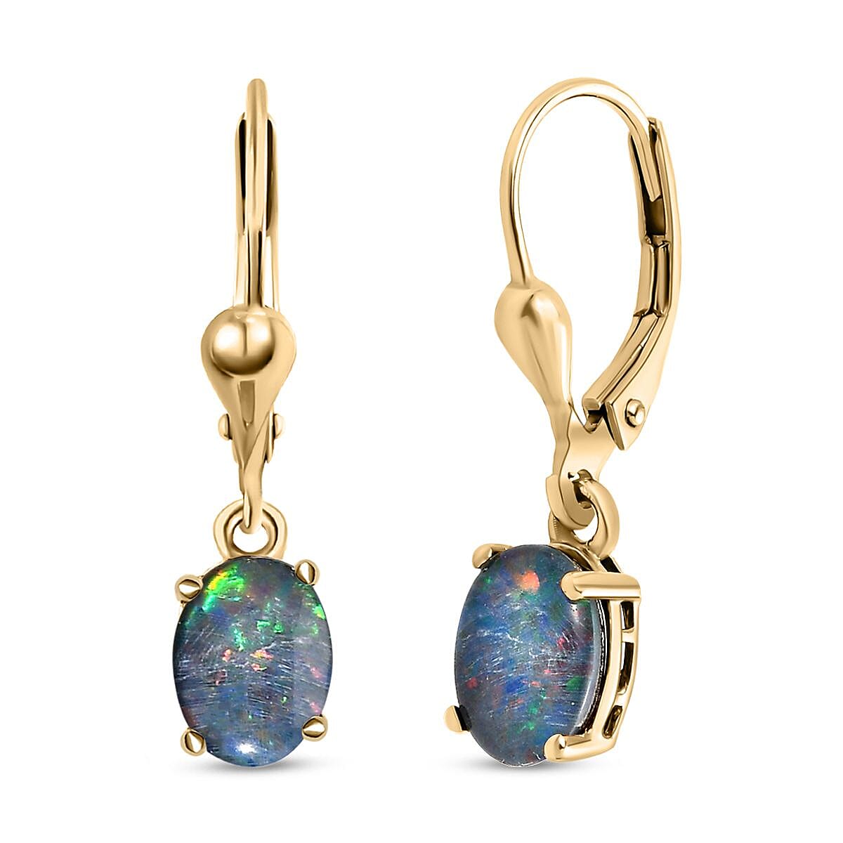 Australian Boulder Opal Earrings with Lever Back in 18K Vermeil Yellow Gold Plated Sterling Silver 1.82 Ct.