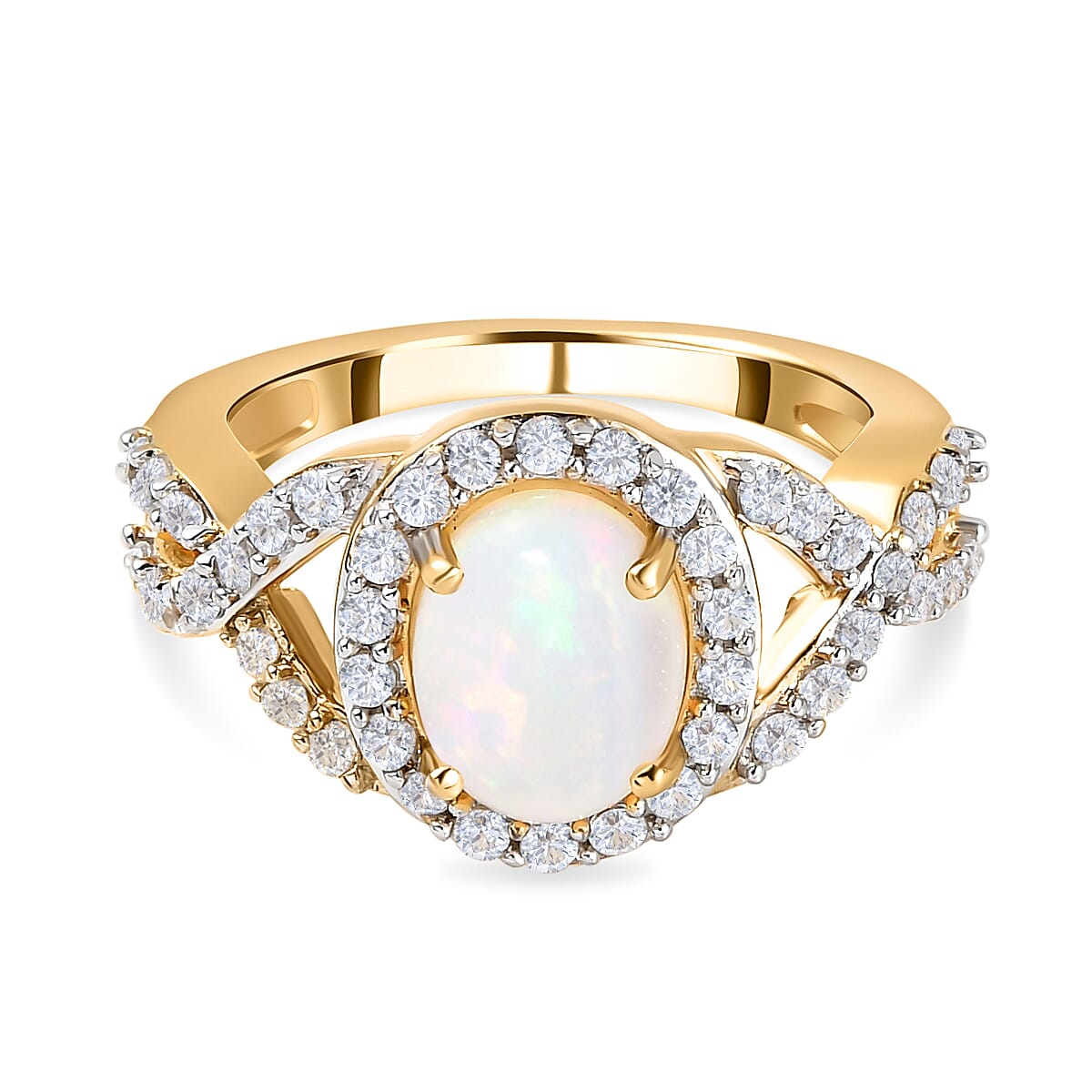 Wegeltena Ethiopian Welo Opal (Ovl 9x7mm) and Natural Cambodian Zircon Ring in 14K Gold Overlay Sterling Silver 2.08 Ct.