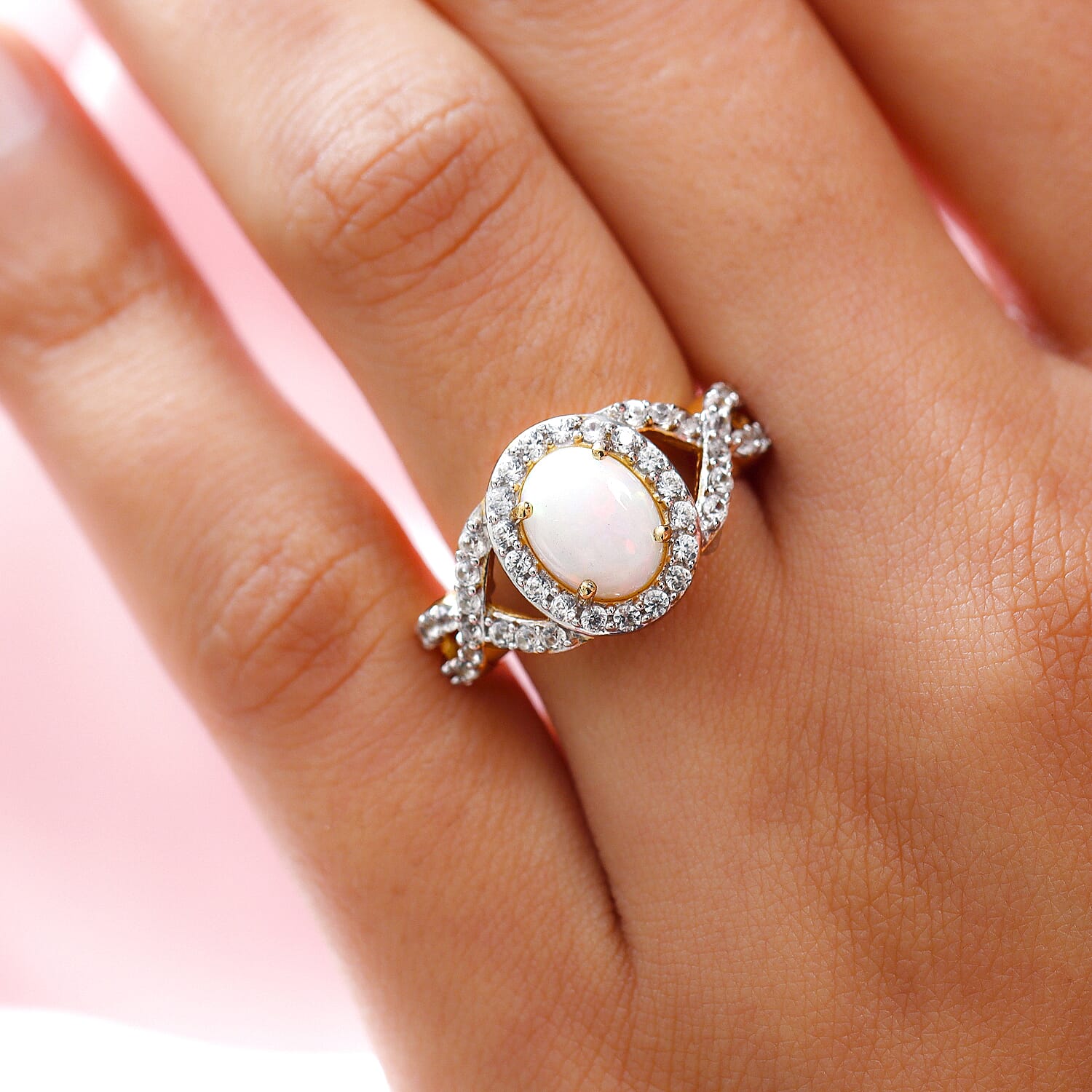 Wegeltena Ethiopian Welo Opal (Ovl 9x7mm) and Natural Cambodian Zircon Ring in 14K Gold Overlay Sterling Silver 2.08 Ct.